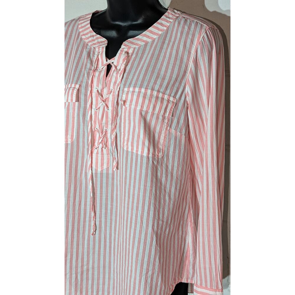 Talbots Striped Blouse Pink White Lace-Up Neck Button Tab Long Sleeve Top Medium - Picture 3 of 5